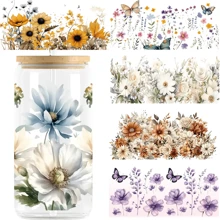 6pcs/Set Beautiful Flowers UV DTF Transfer Sticker Libbey Glass Cups Diy Wrap Transfer Sticker For 16oz Glass Cup Waterproof Sticker Bottle Sticker Adhesive Sticker-