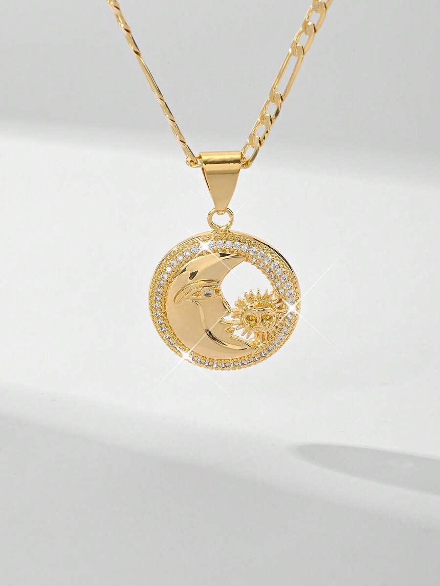 1個時尚簡約的閃亮嘻哈風格圓月形銅鋯石嵌入吊墜項鍊，適合送禮、情侶、朋友和節日日常穿戴 - 金黃色 - 查看 1
