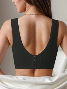 Minimalist Solid Color Floral & Lace Wireless Full Coverage Bra, Comfortable Breathable Ladies Underwear - Black - View 11