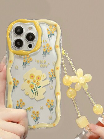 Lanyard Phone Charm Yellow Chrysanthemum Doodle Pattern Protective Phone Case Compatible With IPhone15/XR/7/8iPhone15ProMax/12ProMax/13ProMax/14ProMax, Compatible With Apple13 And 14, Soft Shell For P12 Shockproof XS, Straight Edge Painted A134G A22 A21S A514G A52 S22 Ultra A335G Redmi10 Redmi Note11 4G Redmi11Lite A53tpuA14/A23/S23 Ultra Shockproof Soft Shell Phone Case Waterproof Anti-Fall Scratch Resistant