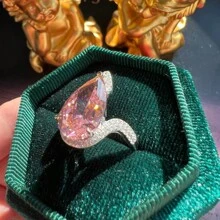 1個流行閃亮鍍銀合金戒指，鑲有眼淚形狀的立方鋯石裝飾，適合女性日常佩戴/作為訂婚戒指 - 粉色 - 查看 3
