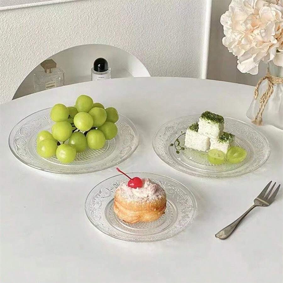 Vintage Embossed Flower Fruit Plate Cake Tray Round Glass Platter Dessert Dish - Transparent - View 1
