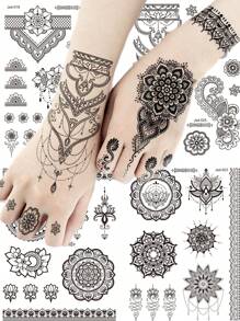 6 Sheets Large Black Henna Flower Temporary Tattoos For Women,Lace Lotus Henna Mandala Mehndi Waterproof Fake Tattoos For Arm Neck Hand Back Finger,Wedding Music Festival Party Supplies,Henna Tattoo Kit High Quality Body Art Makeup - Black - View 1
