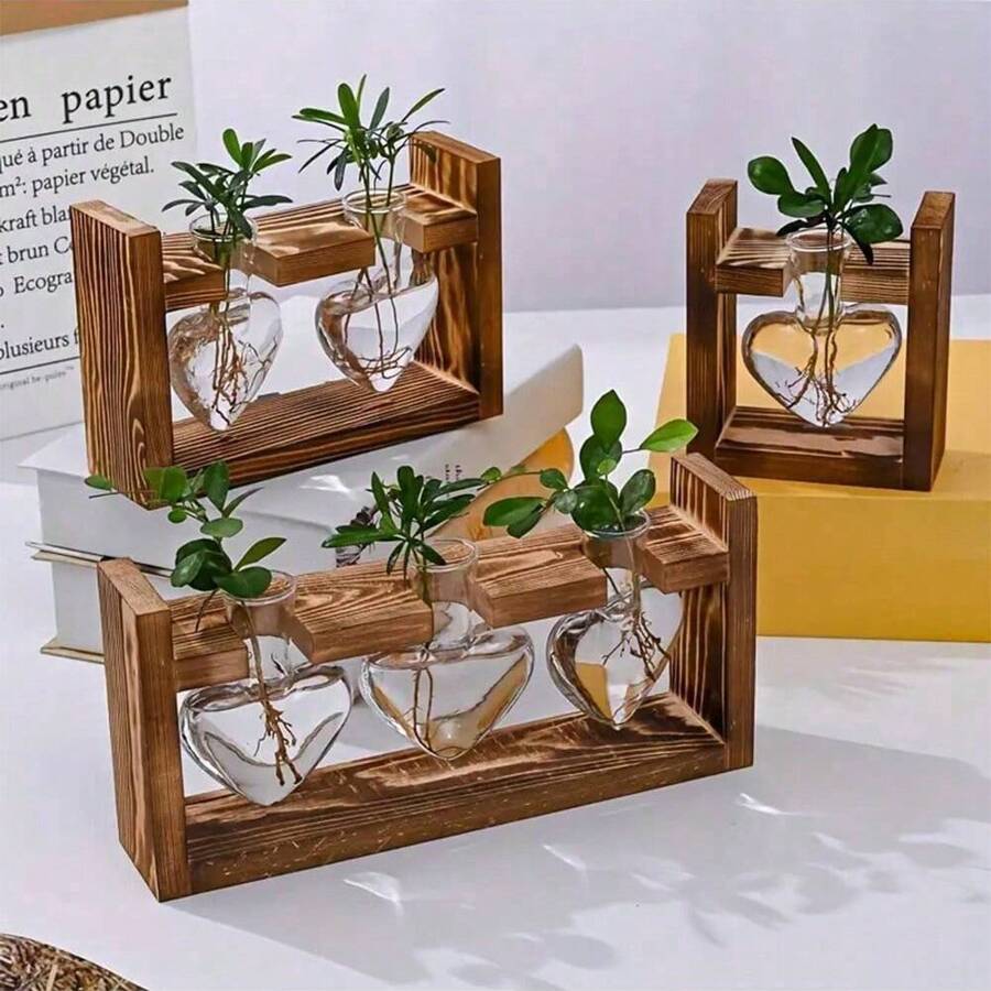 1 Juego, Terrario De Planta Hidropónica Vaso De Amor En Forma De Corazón Con Soporte De Madera, Estación De Propagación De Planta Hidropónica Para Interior Para Decoración De Hogar Oficina Jardín, Regalo Para Amantes De Las Macetas