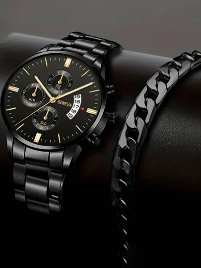 2入組男士休閒簡約條紋不鏽鋼手錶黑色手鏈，適合作為禮物贈送