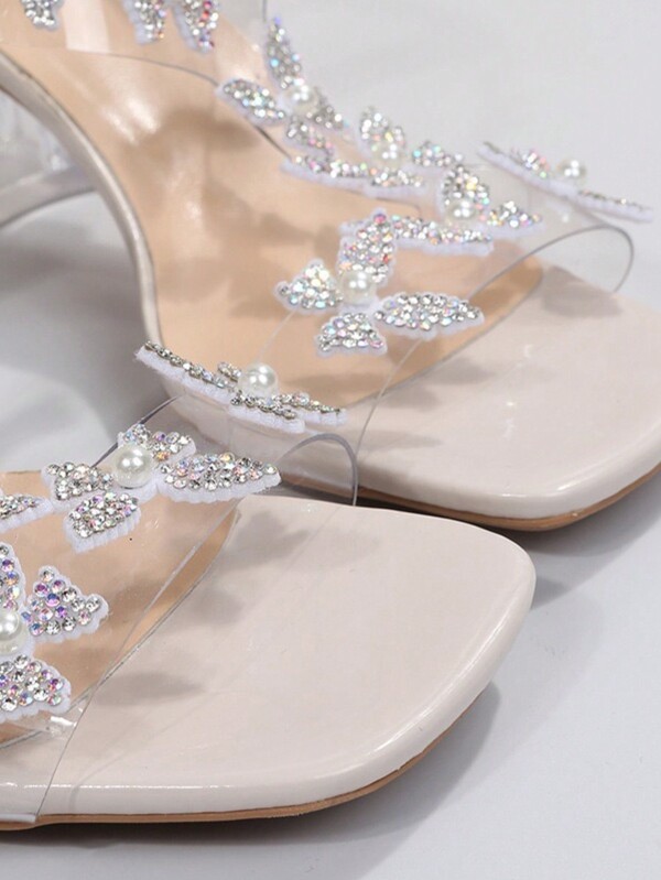 Women's Fashionable Transparent Chunky Heel Sandals, Fairy Style Butterfly-Decorated High-Heeled Sandals With Rhinestone Crystal Heels
