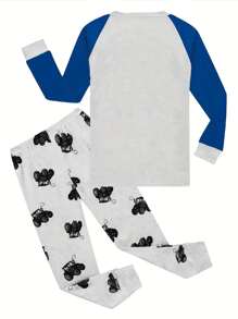 Conjunto de ropa de hogar informal para niño joven con camiseta de manga corta y pantalón largo con diseño de araña de bloques de color, 2 piezas, apto para todas las estaciones
