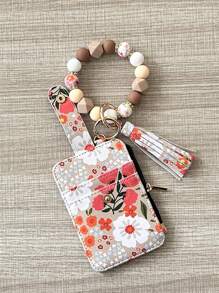 1pc PU Leather Fringe Wallet Silicone Beaded Key Chain Silicone Beaded Bracelet Card Bag Flower Card Bag Purse Key Chain Wrist Bracelet Card Bag Wristlet Wallet Card Cover Card Holder Wallet Business Card Holder Credit Card Holder Id Card Holder Women For Women Mini Wallet Wallet Keychain Card Wallet - Multicolor - View 5