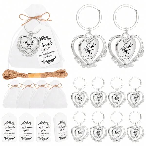 10 piezas de llaveros/anillos para llaves dorados/plateados con bolsa con cordón, tarjeta de agradecimiento, cuerda, adecuados para bodas, despedidas de soltera, fiestas de cumpleaños, decoraciones y recuerdos, regalos para invitados de boda, regalos del Día de San Valentín, regalos de llaveros para parejas, Navidad