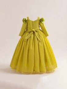 Tween Girl Elegant And Luxurious Dress With 3D Floral Decor And Layered Tulle Skirt, Suitable For Wedding, Party And Birthday Party