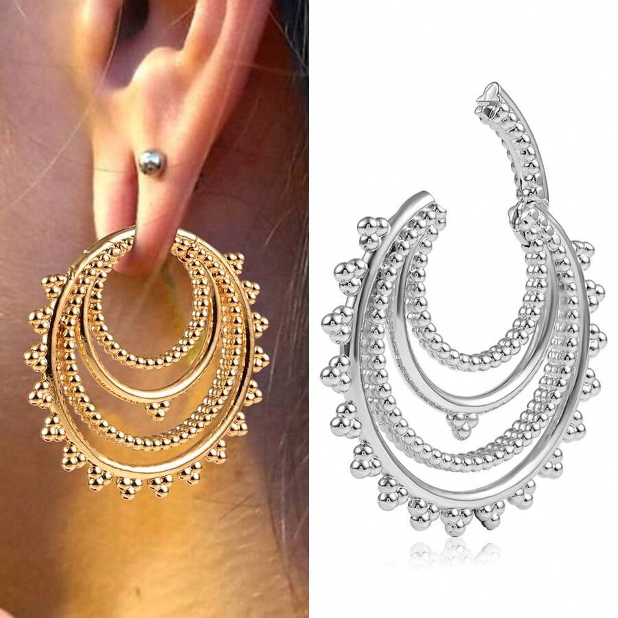 1pc Stainless Steel Fashion Beads Hoop Ear Weights Hangers Ear Gauges Plugs Expander Piercing Body Jewelry Stretcher - Round - View 1