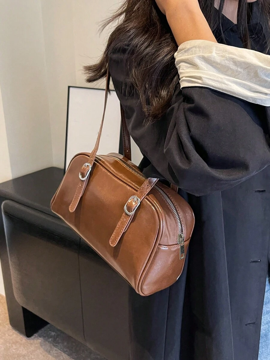 Fashionable And Simple Shoulder Bag Made Of Bright Cowhide Leather - Brown - View 1