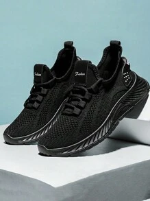 Casual Malla Transpirable Antideslizante Ligero Zapatillas de deporte para mujer, Punta Redonda Color Sólido Cordones Pareja Piso Pendiente Tacón Grueso Fondo Sandalias, Adecuado para Correr, Caminar, Tenis, Uso Diario, Piezas de Moda,tenis de mujer,tenis de mujer oferta,tenis deportivos para mujer, - Negro - Ver 4