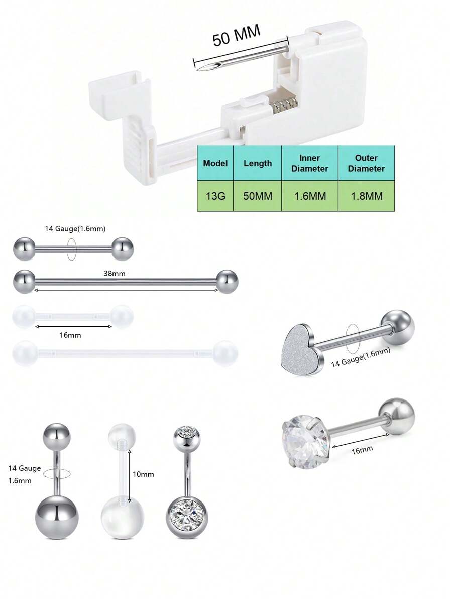 12PCS Professional Body Piercing Kit For Belly Button/Tongue/Ear/Navel/Nipple, Safe Piercing Gun