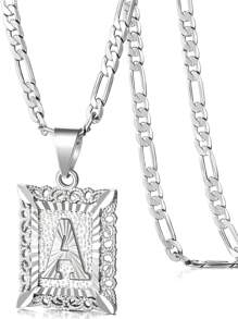 Collar con colgante de letra inicial para mujeres y hombres, collar de monograma cuadrado con capital en chapa de oro blanco de 18K con letras del alfabeto de A-Z y cadena Figaro
