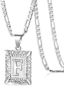 Collar con colgante de letra inicial para mujeres y hombres, collar de monograma cuadrado con capital en chapa de oro blanco de 18K con letras del alfabeto de A-Z y cadena Figaro