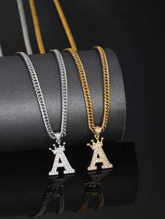 1件精美迷人的皇冠字母銅鋯石吊墜項鍊，男女適用，A-Z字母定制名字字母項鍊，適用於朋友生日禮物