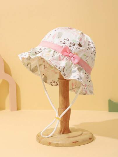 1件嬰兒女孩花卉圖案太陽帽，配有蝴蝶結裝飾，適用於戶外活動