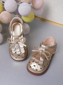 Simple Design Baby Girls Mary Jane Shoes, Hollow Out Heart-Shaped With Gold Tassel Bowknot, Hook & Loop Closure Non-Slip Casual Shoes For Toddler Walking Learning, Spring Summer Fall Winter