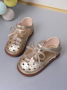 Simple Design Baby Girls Mary Jane Shoes, Hollow Out Heart-Shaped With Gold Tassel Bowknot, Hook & Loop Closure Non-Slip Casual Shoes For Toddler Walking Learning, Spring Summer Fall Winter