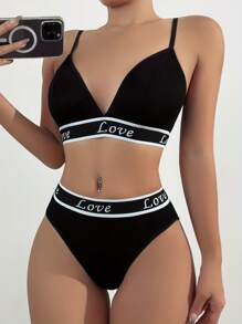 Lencería de sujetador triangular y pantys cómodo y amigable con la piel con estampado de letras para mujer