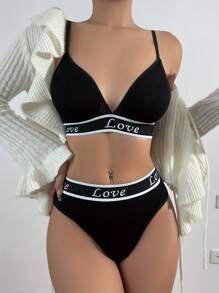 Lencería de sujetador triangular y pantys cómodo y amigable con la piel con estampado de letras para mujer