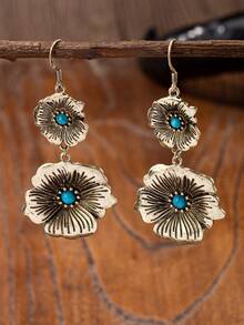 1 par de pendientes colgantes con decoración de piedra de turquesa azul y estilo floral retro occidental - Pendientes de estilo vaquera del Medio Oeste para mujeres - A9405 - Ver 6
