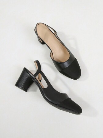 2024 New Classic Colorblock Leather Sandals For Women, Retro French Style Elegant Fashionable Low-Mid Chunky Heels Court Shoes, Black