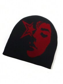 1pc Face Pattern Intarsia Knit Beanie Hat, Fashionable Y2K Vibe, Warm And Windproof