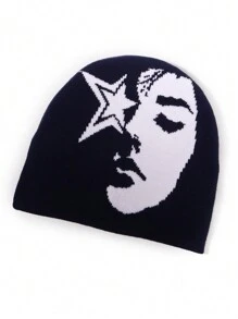 1pc Face Pattern Intarsia Knit Beanie Hat, Fashionable Y2K Vibe, Warm And Windproof