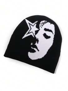 1pc Face Pattern Intarsia Knit Beanie Hat, Fashionable Y2K Vibe, Warm And Windproof