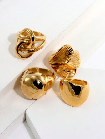 1pc 18K Gold Plated Stainless Steel Large Smooth Flower Shaped Chunky Ring, Suitable For Daily Wear For Women