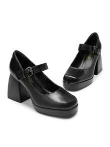 Women High Chunky Platform Closed Toe Block Heels Square Toe Strappy Dress Prom Wedding Party Pumps Shoes - 黑色 - 查看 6