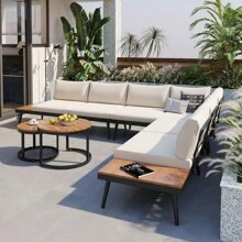 Nestfair 6-Piece Outdoor Sectional Sofa Set With Round Nesting Coffee Tables And Cushions