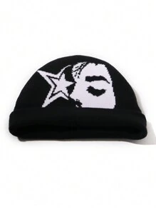 1pc Face Pattern Intarsia Knit Beanie Hat, Fashionable Y2K Vibe, Warm And Windproof