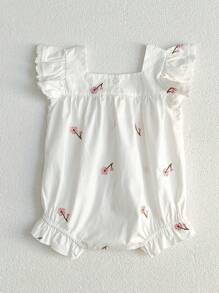 Bodyduit de bebé niña con cuello cuadrado de encaje floral, bordado y mangas con volantes