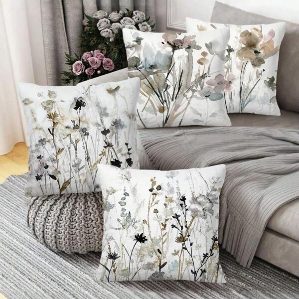 4pcs Simple & Stylish Watercolor Floral Pattern Decor Short Plush Pillow Cover & Sofa Cushion Cover For Outdoor Sofa Bed Chair