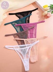 Conjunto de 6 tangas de encaje con patrón de mariposas de unicolor con banda de cintura delgada, lencería sexy para mujeres
