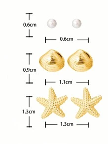 2 pares de aretes tipo pendiente con diseño de estrella de mar y concha, con perlas artificiales, diseño delicado y personalizado, casual y adecuado para verano y playa, para mujeres