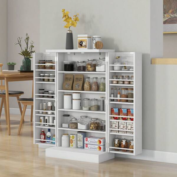 HOMCOM Kitchen Cupboard, Freestanding Kitchen Storage Cabinet With Double Doors, 5-Tier Shelf, 12 Spice Racks And Adjustable Shelves, White