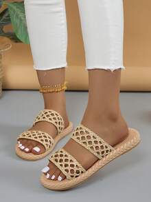 Giày sandal đế xuồng đế dày dệt cho nữ, hàng mới về mùa hè năm 2024, giày mules quai rỗng thời trang - Màu be - Xem 2