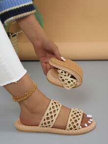 Giày sandal đế xuồng đế dày dệt cho nữ, hàng mới về mùa hè năm 2024, giày mules quai rỗng thời trang - Màu be - Xem 7