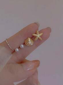 2 pares de aretes tipo pendiente con diseño de estrella de mar y concha, con perlas artificiales, diseño delicado y personalizado, casual y adecuado para verano y playa, para mujeres