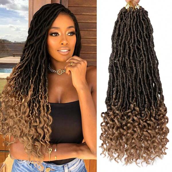 24 Zoll neue schwarze & goldfarbene Göttin Faux Locs gehäkelte Zöpfe mit lockigem Ende, 1 Packung weiche Locs gehäkelte Zöpfe aus natürlichem synthetischem Hippie Locs Flechtenhaar für Haarverlängerungen von Frauen