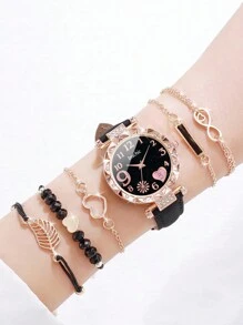 6 件套女士礼品手表，配皮革表带，时尚水钻镶嵌心形表盘，经典优雅石英腕表 + 手链（不含表盒） - 黑色 - 查看 2