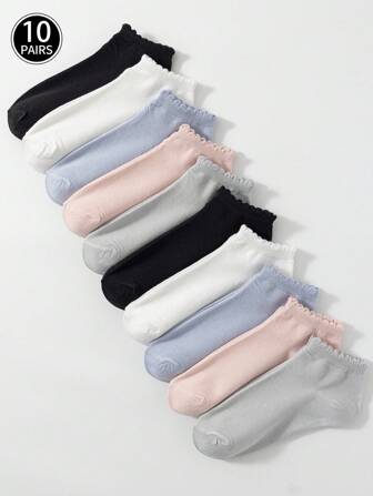 每包10對（隨機顏色）女士蕾絲修邊低跟舒適透氣短襪，適合日常穿著和旅行
