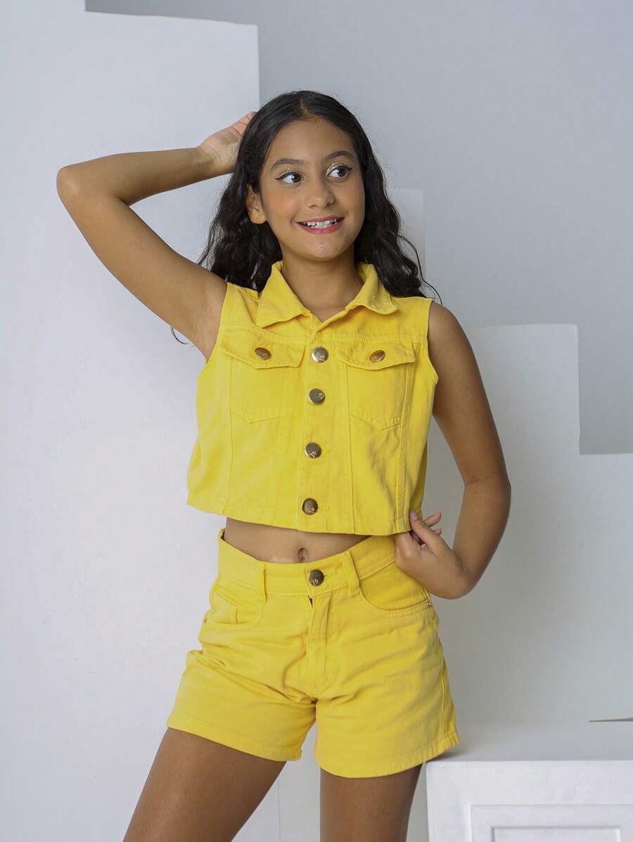 Tween Girls Denim Two-Piece Outfits - 黃色 - 查看 1