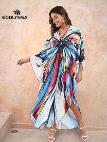 Colorful Butterfly Print Kaftan Maternity Beach Dress Vacation - Multicolor - View 6