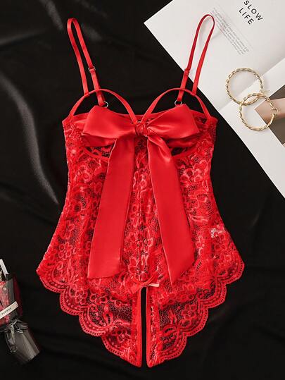 1pc Verleidelijke Lingerie Kanten See Through Open Crotch Bodysuit, Baddie Look view 5