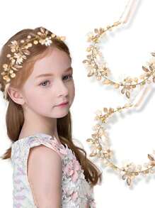 Tiara para niña de las flores, diadema dorada de princesa para boda, accesorios para cabello de boda para niños. Diadema de flores blancas con perlas adecuada para niñas, floristas y novias - Guirnalda de flores doradas - Ver 2